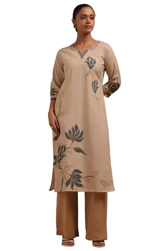 Soch Womens Beige Cotton Flex Floral Print Kurta with Mirror Work