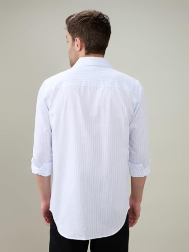 Raymond Men Regular Fit Stripe Pattern Pure Cotton Semi Cutaway Collar Full Sleeve Formal Shirt Blue