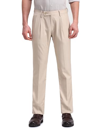 Arrow Men's Beige Solid Mid Rise Polyester Hook and Bar Slim Pleated Front Slant Pocket Trousers (ARAITR2144_Beige_36)