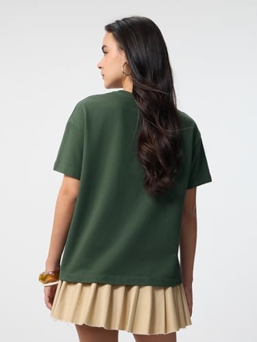 The Souled Store Pets On Prints: Women and Girls Short Sleeves Round Neck Dark Green Graphic Printed Cotton Lightweight Everyday Streetwear Oversized T-Shirt