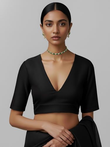 Thevasa Women's Taffeta Deep V Blouse (Taffeta Black, 44)