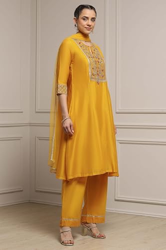 Biba Women Yellow Viscose Rayon A-Line Solid Suit Set_38