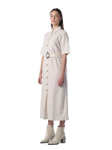 ONLY Women's Solid Fit and Flare White Dress with Belt
