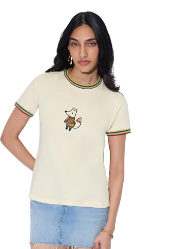 The Souled Store Casual Classics: Foxy Women and Girls Short Sleeves Round Neck Off White Embroidered Cotton Regular Fit Lightweight Everyday Streetwear T-Shirt