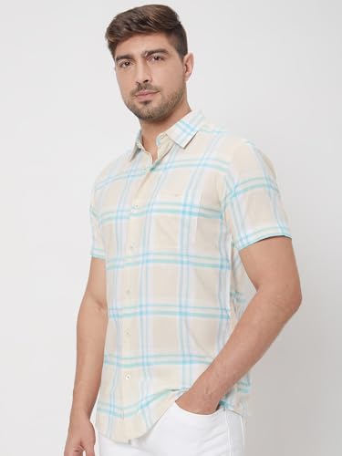 MUFTI Men Casual Shirt | Slim Fit Half Sleeve Point Collar Checked Pattern | 100% Cotton Breathable Fabric, Weekend Outings & Relaxed Style| Beige 6XL