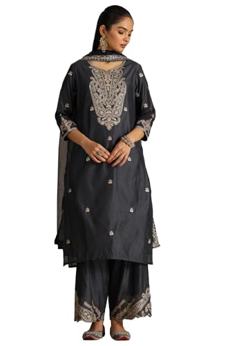 Soch Womens Charcoal Chanderi Embroidered Suit Set Sequins