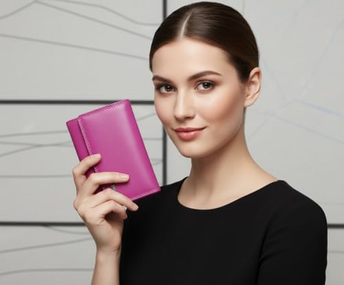 Calfnero Women's Genuine Leather Wallet-Long Purse Wallet with Multiple Card Slots, Zip Pocket and Note Compartment. (Pink)