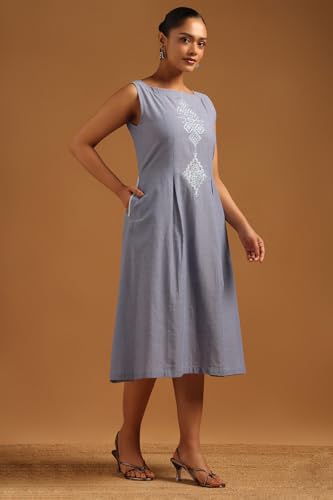 Soch Womens Blue Chambray Ethnic Motifs Dress with Machine Embroidery and Thread Work
