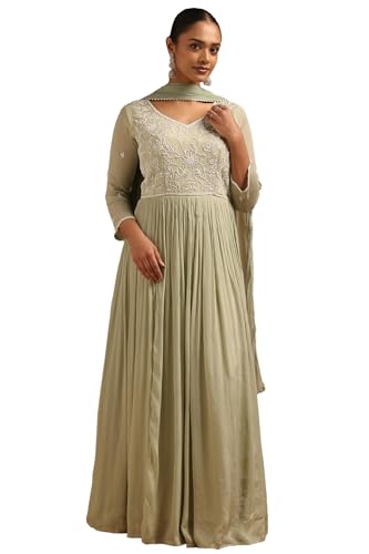 Soch Womens Sap Green Chinon Floral Gown with Cutwork and Stones