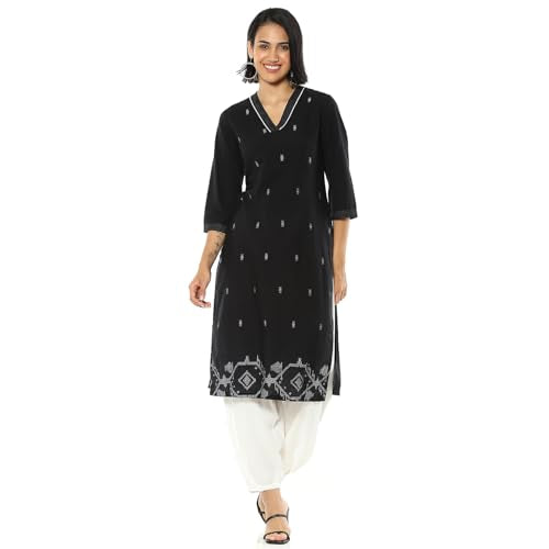 Rangriti Women's Black Cotton Jacquard Yarndyed Straight Kurta_38