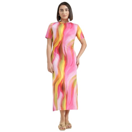 United Colors of Benetton Round Neck Swirl Print Dress (Size : S) - 26P3099W3950I901 Multicolour