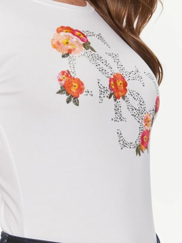 GUESS Women White Printed Round Neck Short Sleeves T-Shirt