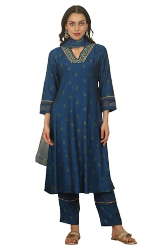 W for Woman Blue Floral Printed Embroidered Flared Kurta, Pants and Dupatta Set (Size: XL)-WS12127-124234