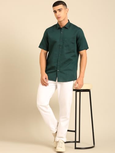 Cavallo by Linen Club Men's Half Sleeve Solid Regular fit Linen-Cotton Casual Shirt Dark Green