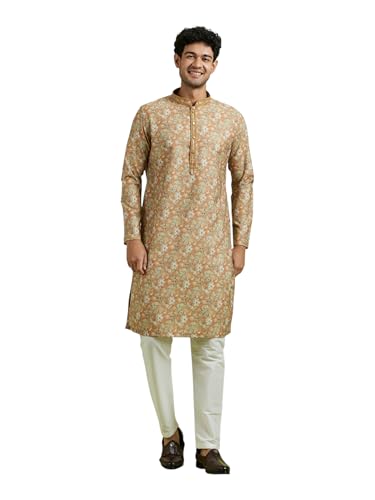 DIWAS BY MANYAVAR Men's Cotton Blend Printed Festive Kurta Set (2pc) (Yellow, XL)