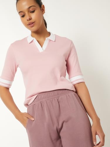 Max Women Knit Textured Johnny Collar Sports T-Shirt (Pink_XL)