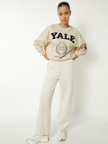 Women Boxy Fit Chenille Embroidered Sweatshirt (Beige_XS)