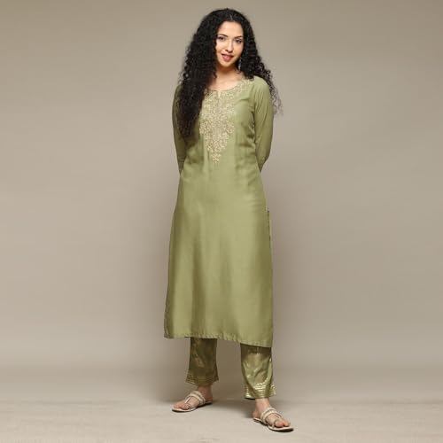 BIBA Women's Sap Green Rayon Straight Kurta Palazzo 2 Piece Set_44