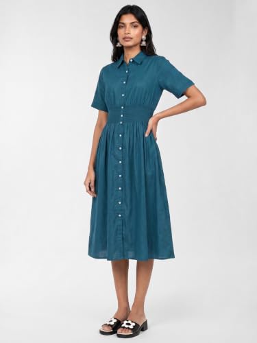 Max Women Solid Smocked Shirt Dress (Teal_XS)