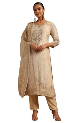 Soch Womens Beige Russian Silk Botanical Salwar Suit With Beads And Stones