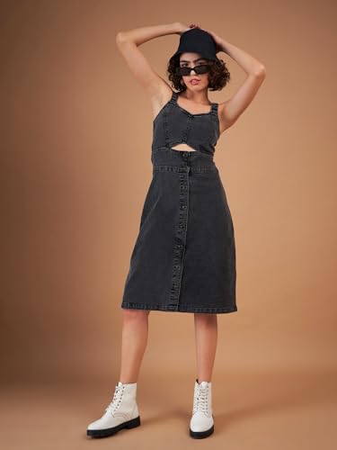 Sassafras Women Black Denim Wash Strappy Dress -S