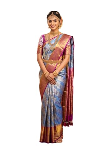 VFCollections Women's Traditional Handloom Kanchipuram Silk Pure Pattu Sarees | Rich Zari Woven Design | Unstitched Blouse (VFC533-2)