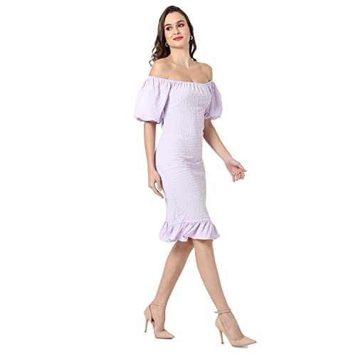 Campus Sutra Women's Lilac Puff-Sleeved Creased Dress for Casual Wear | Off-Shoulder | Short Sleeve | Pull On Closure | Dress Crafted with Comfort Fit for Everyday Wear