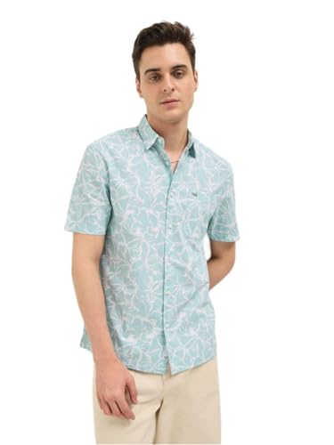 THE BEAR HOUSE Men's Green Relaxed Fit Cotton Half Sleeve Shirt