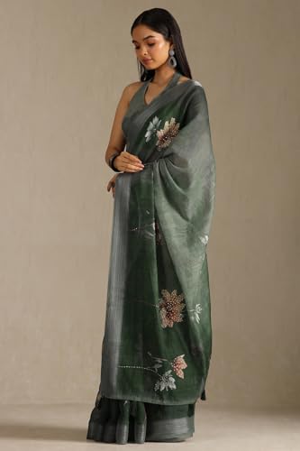 Soch Womens Olive Linen Floral Print Saree With Sequins