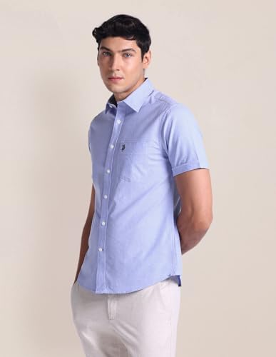 U.S. POLO ASSN. Mens Half Sleeve Oxford Stretch Shirts (USSHTC0011H_Blue_M)