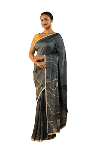 Taneira Women Blue Pure Silk Hand Painted Saree with Unstitched Blouse Piece (SHH08D00041-Blue)