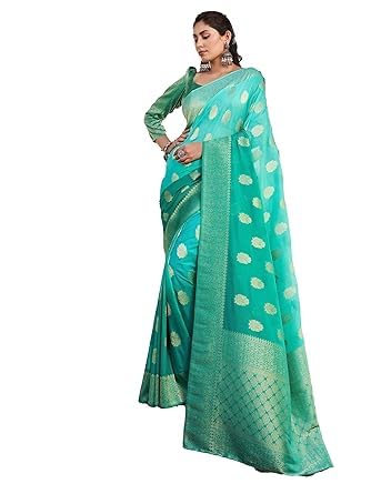 Vardha Women's Banarasi Georgette Saree with Unstitched Blouse Piece - Gold Zari Woven Work Sarees for Wedding (Mahika_677)
