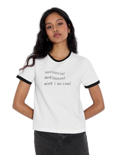 The Souled Store Antisocial Women and Girls Short Sleeves Round Neck White Graphic Printed Cotton Regular Fit Breathable Lightweight Everyday T-Shirts