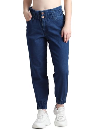 ONLY Women Solid Cotton High Rise Blue Denim Joggers