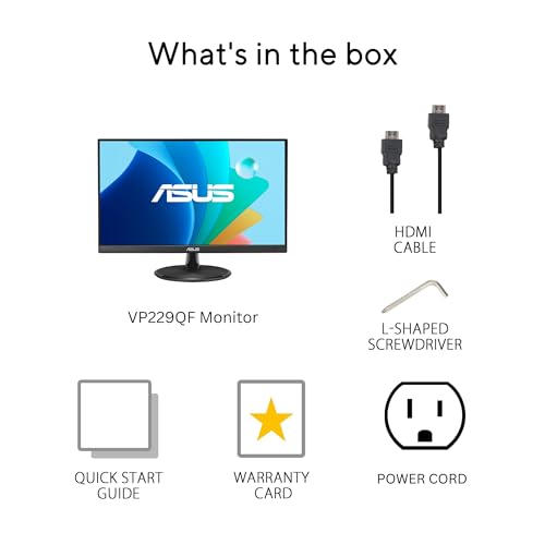 ASUS 22" Eye Care Monitor (VP229QF) - 100Hz, IPS, Full HD, 99% sRGB, Frameless, Adaptive Sync, DisplayPort, HDMI, Low Blue Light, Flicker Free, Wall Mount