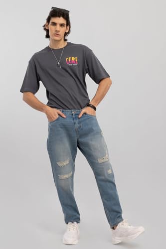 SNITCH Men Jeans | Baggy Fit with Distressed Design & Raw Cuffs | 100% Cotton Fabric for Streetwear & Summer Casuals |Blue