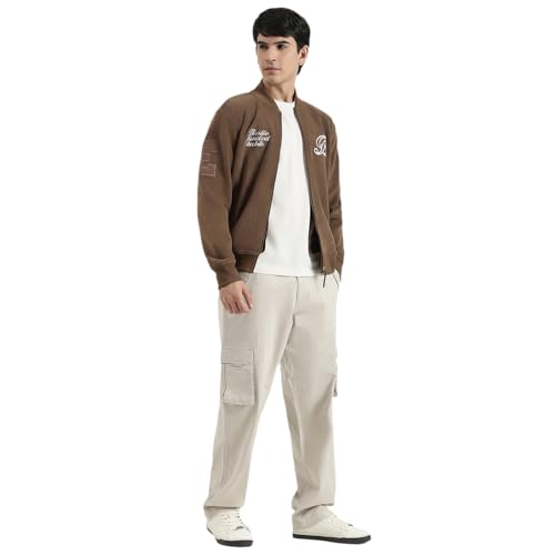 United Colors of Benetton Regular Fit Band Collar Textured Vibe Check Varsity Polar Jacket (Size: L) - 25A2VLRJ3677I901