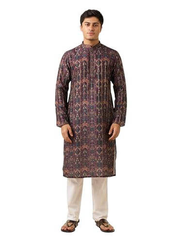 DIWAS BY MANYAVAR Men's Art Silk Printed Kurta Set (Dark Blue,S)