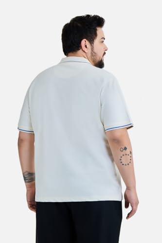 SNITCH Men Plus Size Polo T-Shirt | Geometric Patterned Placket & Contrast Tipping | Cotton Lycra Blend Stretchable Half Sleeve Polo for Casual & College Wear Off-White