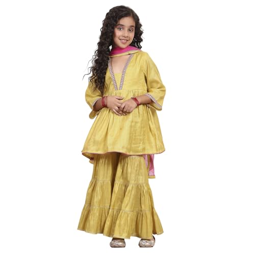 Biba Girl's Green Cotton Dyed Gathered Sharara Suit Set