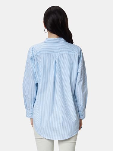 The Souled Store| Solids: Blue Stripes Womens and Girls Shirts|Full Sleeve|Loose fit Solid Stripes|100% Cotton Blue Color Women Boyfriend Shirts Women Boyfriend Shirts Fashionable Trendy Graphic