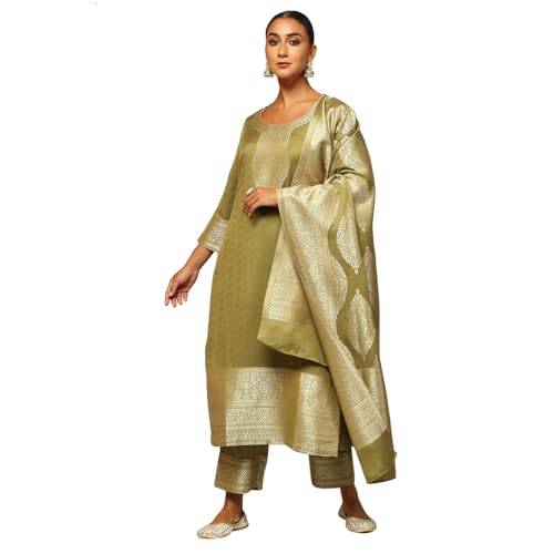 Rangriti Women Green Acrylic Straight Yarn Dyed Kurta Palazzo Suit Set_38