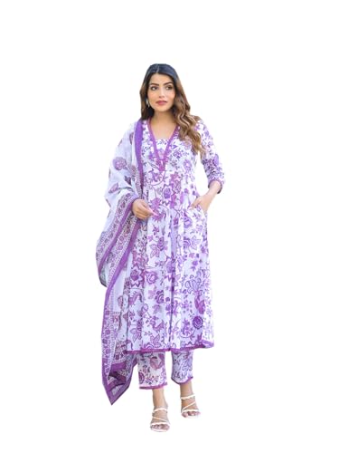 Divena Purple Floral Printed Anarkali Pure Cotton Kurta with Trousers & Dupatta