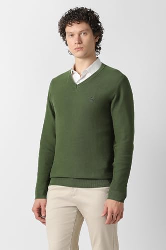 Men Olive Solid V Neck Sweater
