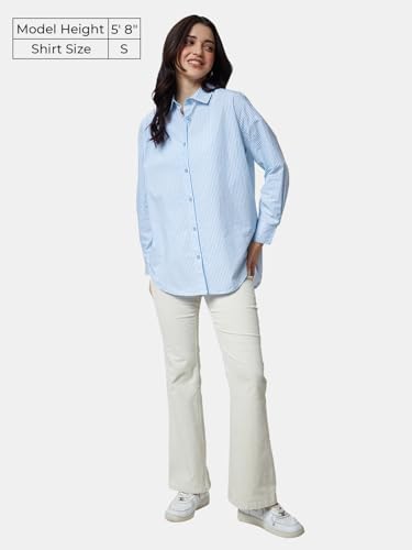The Souled Store| Solids: Blue Stripes Womens and Girls Shirts|Full Sleeve|Loose fit Solid Stripes|100% Cotton Blue Color Women Boyfriend Shirts Women Boyfriend Shirts Fashionable Trendy Graphic