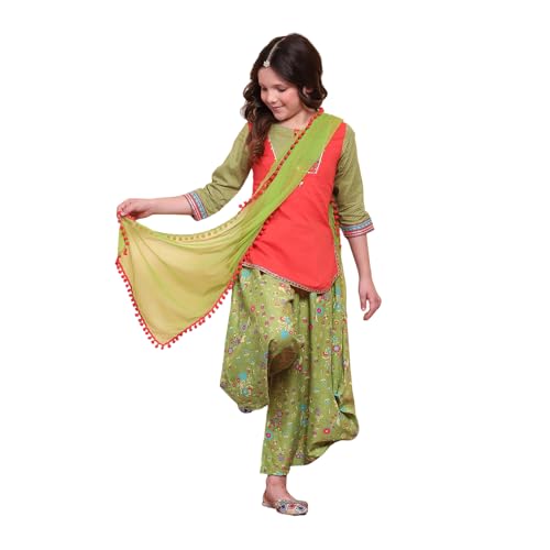 Biba Girls Org-Grn Straight Cotton Solid Kurta suit set