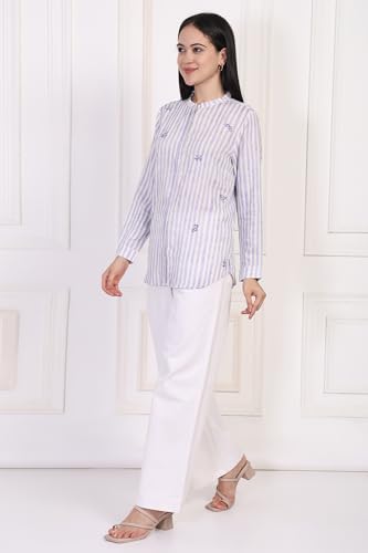 W for Woman White Striped Printed Thread Embroidered Straight Top - (WST31377-116511-XS)