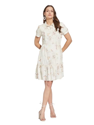 Latin Quarters Women White Collar Neck Half Sleeves Printed Above Knee Shirt Dress for Casual Wear_M