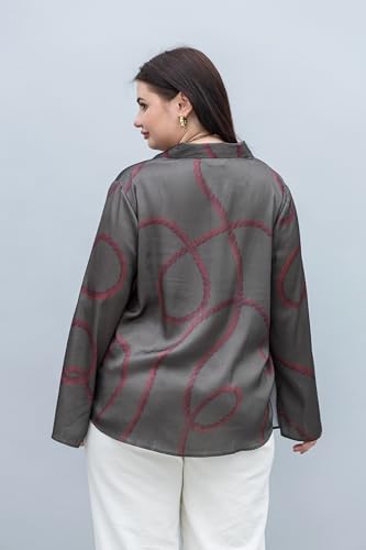 PURYS Women's Olive Abstract Print Plus Size Slit Sleeves Satin Shirt, 3X-Large