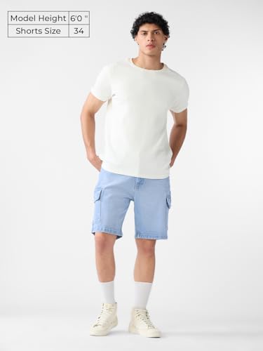 The Souled Store Denim Shorts: Aero Blue Men and Boys Buttoned Knee Length Cotton Blend Regular Fit Denim Shorts